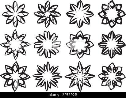 Ensemble de fleurs vectorielles décoratives en noir et blanc isolées sur fond blanc. Illustration de Vecteur