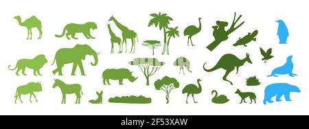 Silhouettes d'animaux sauvages d'Afrique, d'Australie et de l'Arctique, illustration vectorielle de la coupe de papier. Sauvez les animaux, découvrez la faune. Zoo Illustration de Vecteur