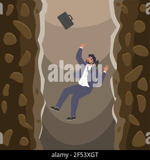 Homme d'affaires tombant sur des falaises dans des abysses, illustration vectorielle plate. Faillite d'entreprise crise de faillite. Risque commercial. Illustration de Vecteur
