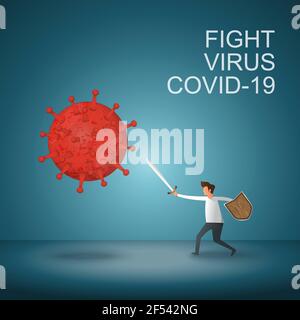 L'homme combat le virus corona covid-19. Guérir le virus corona. Les gens combattent le concept du virus. virus corona concept du vaccin. virus illustrator. Illustration de Vecteur