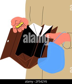 Mains caucasiennes humaines tenant un portefeuille vide ouvert avec peu de pièces et un masque jetable. Illustration de Vecteur