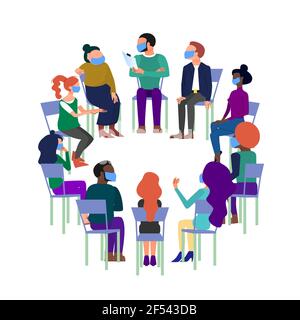 Concept art de la thérapie de groupe, réunion de brainstorming, personnes assis en cercle avec des masques de visage, club anonyme Illustration de Vecteur