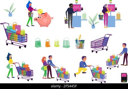 Les couples et les personnes seules magasinent dans un supermarché. Illustration de Vecteur