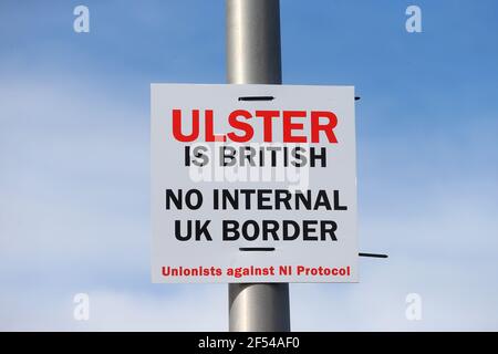 Des affiches loyalistes à Temple Crossroads contre une frontière en mer d'Irlande. Photo Mal McCann Banque D'Images