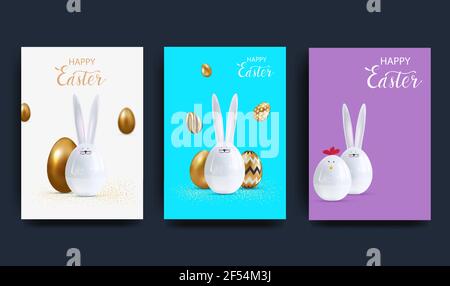 Ensemble de cartes de vœux de Pâques, couvertures de vacances, affiches, flyers en 3d de style réaliste avec oeuf doré et lapin en céramique. Design minimaliste moderne pour Illustration de Vecteur
