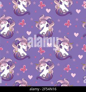 Motif sans couture avec têtes de licornes et éléments magiques sur fond violet. Illustration vectorielle pour fête, impression, douche de bébé, papier peint, design, Illustration de Vecteur