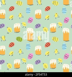 Motif Pâques sans couture avec gâteau de Pâques, œufs et poulet pour bébé Illustration de Vecteur