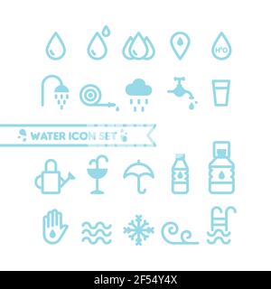 Réglage : icônes eau et gouttes. Style de ligne ronde. Symboles de contour minimaux. Illustration vectorielle, conception plate Illustration de Vecteur