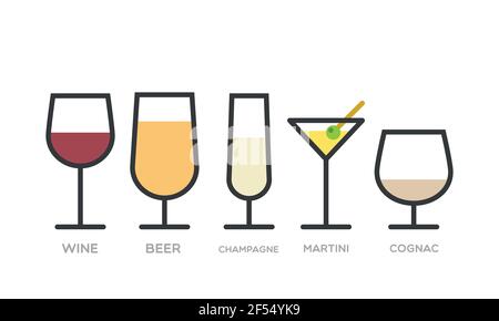 Réglage : boissons alcoolisées. Plusieurs types de lunettes. Vin, bière, champagne, martini et cognac. Illustration vectorielle, conception plate Illustration de Vecteur