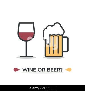 Verre de vin rouge et de bière. Texte: Vin ou bière? Illustration vectorielle, conception plate Illustration de Vecteur