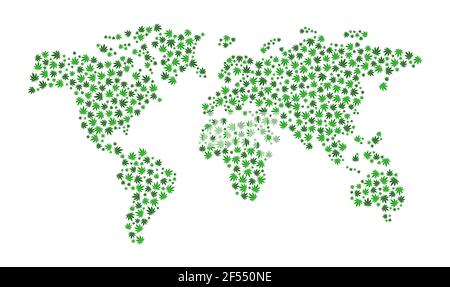 Carte du monde composition des feuilles de cannabis.carte du monde vectorielle composée de feuilles vertes de marijuana dans un style plat.jeu de cartes de feuilles de mauvaises herbes. Illustration de Vecteur