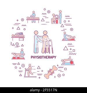 Bannière Web de physiothérapie. Infographies avec icônes linéaires sur fond blanc. Concept d'idée créative. Illustration de couleur de contour isolée Illustration de Vecteur