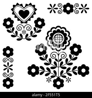 Mignon polonais fleurs folk art vectoriel monochrome éléments de conception inspirés Par les highlanders traditionnels broderie Lachy Sadeckie de Nowy Sacz in Pologne Illustration de Vecteur