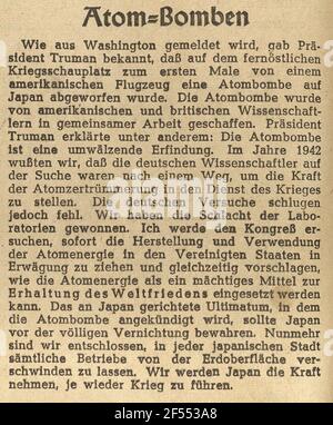 Article de presse « bombes atomiques » (compensation de bombes atomiques sur Hiroshima et Nagasaki les 6 et 9 août 1945) Banque D'Images