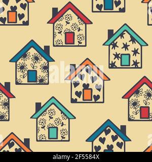 Motif vectoriel transparent avec maisons multicolores sur fond orange clair. Design de papier peint de la maison de famille artistique. Textile de mode couleur pastel. Illustration de Vecteur