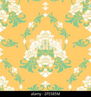 Motif vectoriel sans couture avec lys blancs sur fond jaune. Magnifique papier peint à motif fleuri damassé. Textile de mode rococo décoratif. Illustration de Vecteur