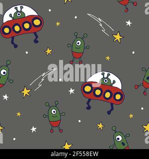 Motif vectoriel transparent avec dessins animés étrangers sur fond gris. Décor de papier peint pour vaisseau spatial OVNI pour enfants. Textile de mode univers rétro. Illustration de Vecteur