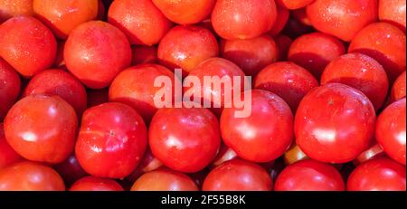 Gros plan de tomates mûres sur un marché Banque D'Images