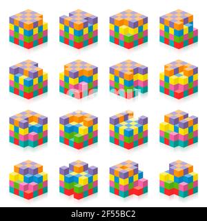 Cube avec cubes manquants de 1 à 16. Exercice de perception spatiale en trois dimensions. Jeu coloré pour compter les espaces, les trous, les blancs. Banque D'Images