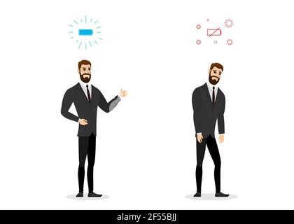 Comparaison d'hommes d'affaires heureux et triste et ennuyeux.Homme d'affaires professionnel syndrome d'épuisement professionnel.Épuisé malade, homme fatigué, directeur marchant.Problèmes de santé mentale des travailleurs frustrés.Long Work illustration eps Illustration de Vecteur