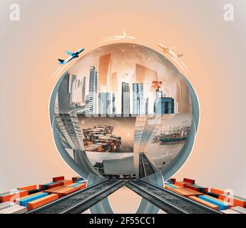 Conteneur industriel fret maritime pour importation ou exportation dans le port. Conception abstraite, camions et transport. Autoroute et livraison. Collage avec globe. Concept logistique Banque D'Images