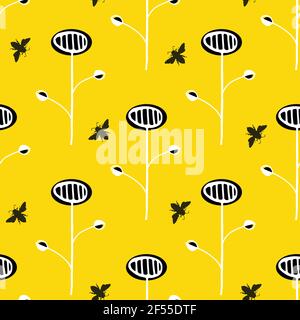 Les têtes de graines de pissenlit et les abeilles miel arrière-plan de motif vectoriel sans couture. Résumé mélange d'art populaire de fleurs herbacées de jardin ou de champ et d'insectes jaunes Illustration de Vecteur