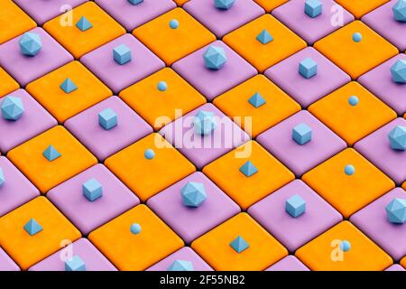 Pyramides bleues, cubes et icosaèdre platonique sur fond orange et violet - rendu 3D abstrait Banque D'Images