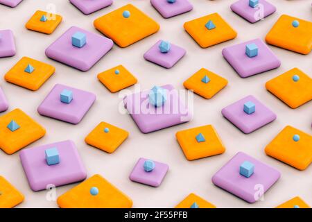 Pyramides bleues, cubes et icosaèdre platonique sur fond orange et violet - rendu 3D abstrait Banque D'Images