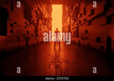 Rendu tridimensionnel de la silhouette de l'homme debout devant de portail rectangulaire lumineux à l'extrémité du couloir futuriste Banque D'Images