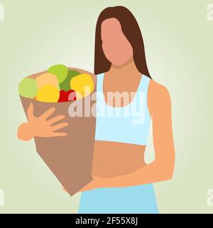 Une fille tient un sac d'épicerie avec des produits naturels. Femme a fait des fournitures alimentaires. Concept de saine alimentation, zéro gaspillage et durable vecteur de style de vie illustrati Illustration de Vecteur