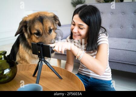 Femme souriante montrant un smartphone à un chien à la table séjour Banque D'Images