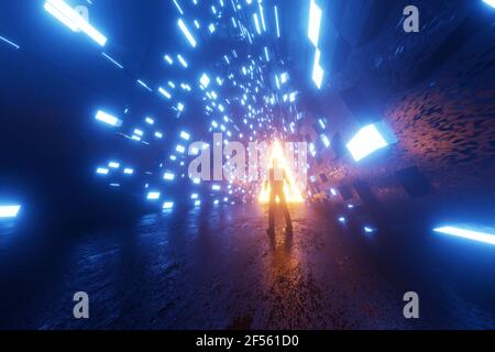 Rendu tridimensionnel de la silhouette de l'homme debout devant de portail en forme de triangle illuminant à l'extrémité du couloir futuriste Banque D'Images