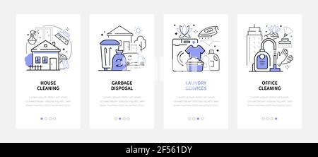 Services de nettoyage - bannières web de style design de ligne moderne avec espace de copie pour le texte. Maison, bureau, buanderie et élimination des déchets. Poteaux de carrousel avec im Illustration de Vecteur