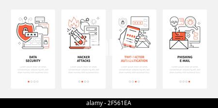 Attaques informatiques - bannières Web de style design de ligne moderne avec espace de copie pour le texte. Sécurité des données, piratage, authentification à deux facteurs, e-mail de phishing. Env Illustration de Vecteur