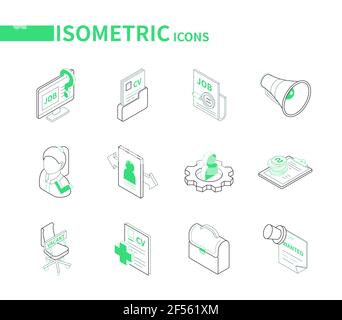 Recherche d'emploi - jeu d'icônes de lignes isométriques colorées. Idée de RH et d'emploi. Site Web de l'entreprise, reprendre dans un dossier, mégaphone, portfolio, femme travailleur, ouvert Illustration de Vecteur