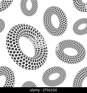 Motif sans couture de formes 3D arrondies en pointillés géométriques. Beignets. Noir et blanc. Effet optique psychédélique. Design graphique minimaliste élégant Illustration de Vecteur