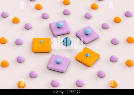 Pyramides bleues, cubes et icosaèdre platonique sur fond orange et violet - rendu 3D abstrait Banque D'Images