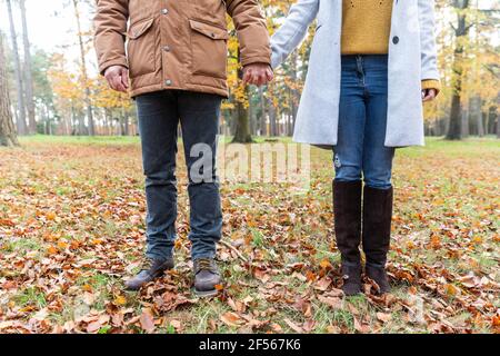 Couple tenant les mains en se tenant debout sur les feuilles mortes dans la forêt en automne Banque D'Images