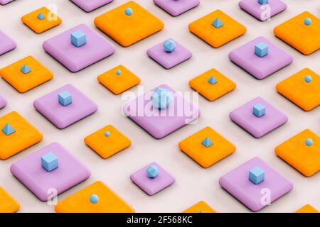 Pyramides bleues, cubes et icosaèdre platonique sur fond orange et violet - rendu 3D abstrait Banque D'Images