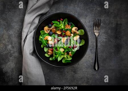 Salade d'automne composée de laitue d'agneau, de champignons, de poires frites, de bleuets, de graines de grenade et de noix Banque D'Images