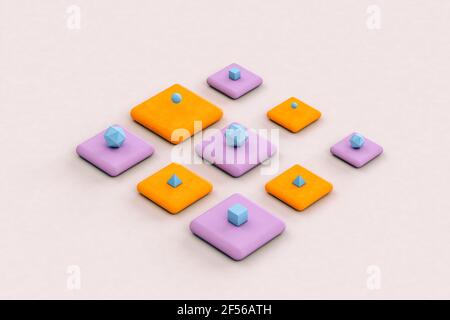 Pyramides bleues, cubes et icosaèdre platonique sur fond orange et violet - rendu 3D abstrait Banque D'Images