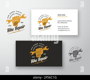 Modèle de carte de visite et de logo Vector moderne pour la réparation de vélo. Clé à main avec Typographie rétro et textures de merde. Papeterie haut de gamme Illustration de Vecteur