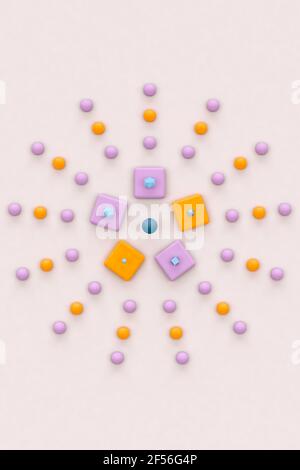 Pyramides bleues, cubes et icosaèdre platonique sur fond orange et violet - rendu 3D abstrait Banque D'Images