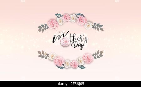 Bonne fête des mères calligraphie 3d illustration sur fond rose dégradé avec des fleurs roses. Texte « Happy Mother's Day » sur fond rose. Banque D'Images