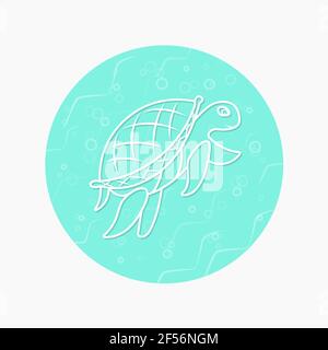 Contour blanc d'une tortue de mer sur le fond d'un cercle turquoise. Bulles, vagues, eau de mer. Illustration clipart de conception vectorielle. SPE 10 Illustration de Vecteur