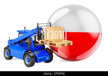 Drapeau polonais avec chariot télescopique et colis. Cargo Shipping in Poland concept, rendu 3D isolé sur fond blanc Banque D'Images