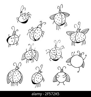 Coccinelles mignonnes, insectes de dessin animé dans un ensemble vectoriel, illustration dessinée à la main Illustration de Vecteur