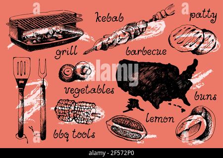 Ensemble d'objets barbecue, style gravé d'esquisse, illustration vectorielle Illustration de Vecteur
