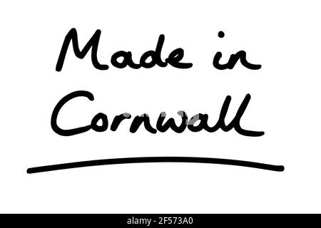 Fabriqué à Cornwall, manuscrit sur fond blanc. Banque D'Images