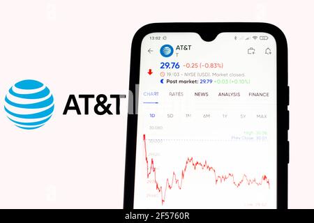 Brésil. 21 mars 2021. Dans cette illustration, les informations boursières d'AT&T Corporation affichées sur un smartphone avec le logo D'AT&T Corporation en arrière-plan. Credit: Rafael Henrique/SOPA Images/ZUMA Wire/Alamy Live News Banque D'Images